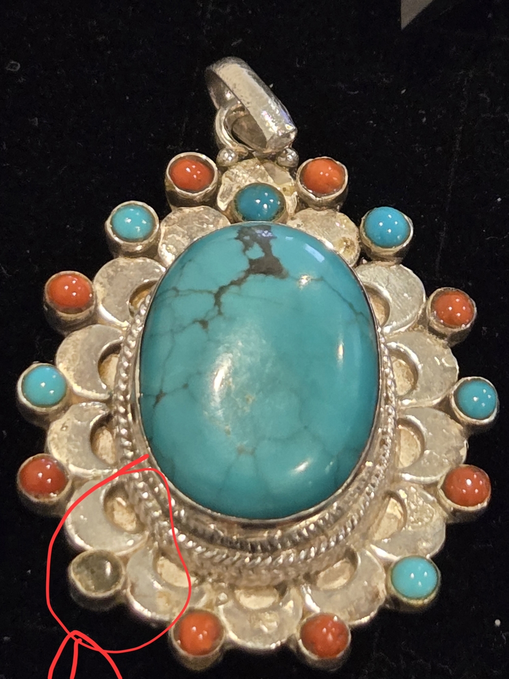Turquoise and Coral Sterling Silver Pendant Necklace